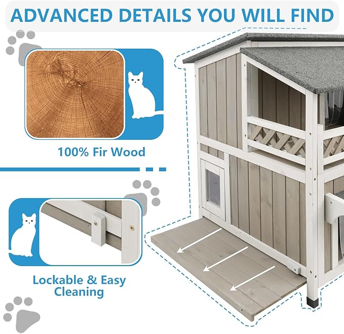 Feral Cat Shelter Outdoor Weatherproof Houses for Cats Two Story Wooden Cat House Outside Feral Cat House with Balcony Waterproof, Escape Doors