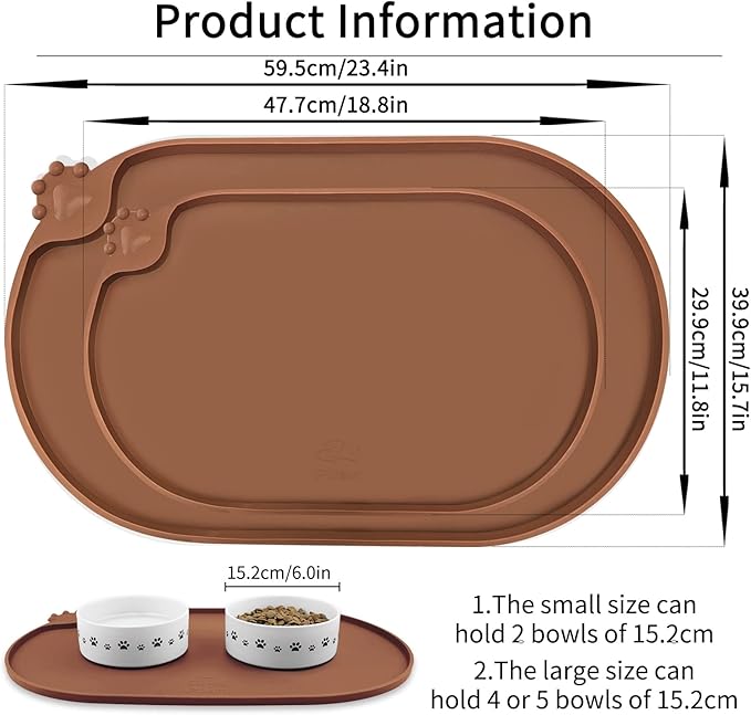 KPWACD Pet Placemat for Dog and Cat, Waterproof Silicone Dogs Feeding Bowl Mat Prevent Food and Water Overflow, High-Lips Puppy Dish Mats Suitable for Small Medium Big Pets, Brown, 19" * 12"