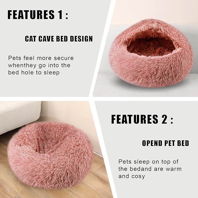 Cat Beds for Indoor Cats,Cat Cave for Puppy and Kitty,Calming Small Dog Bed for Small Dogs with Cover Cave,Cozy Warming Fluffy Washable Anti-Slip Pet Sleeping Bag(24 * 24inch,Leather Pink)
