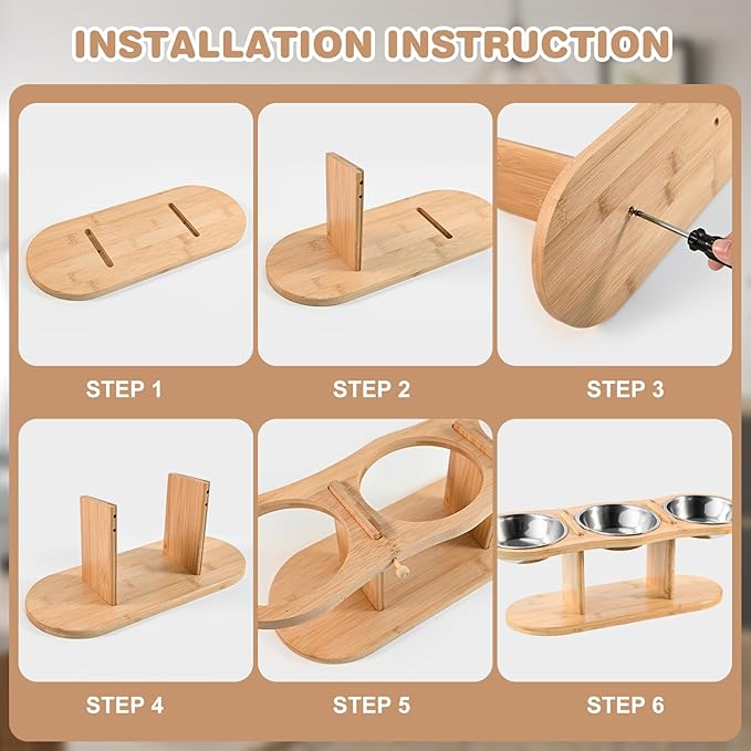 Elevated Cat Bowls - 3 Stainless Steel Cat Bowls with 15° Tilted Bamboo Stand for Indoor Cats, Small Dogs and Puppy