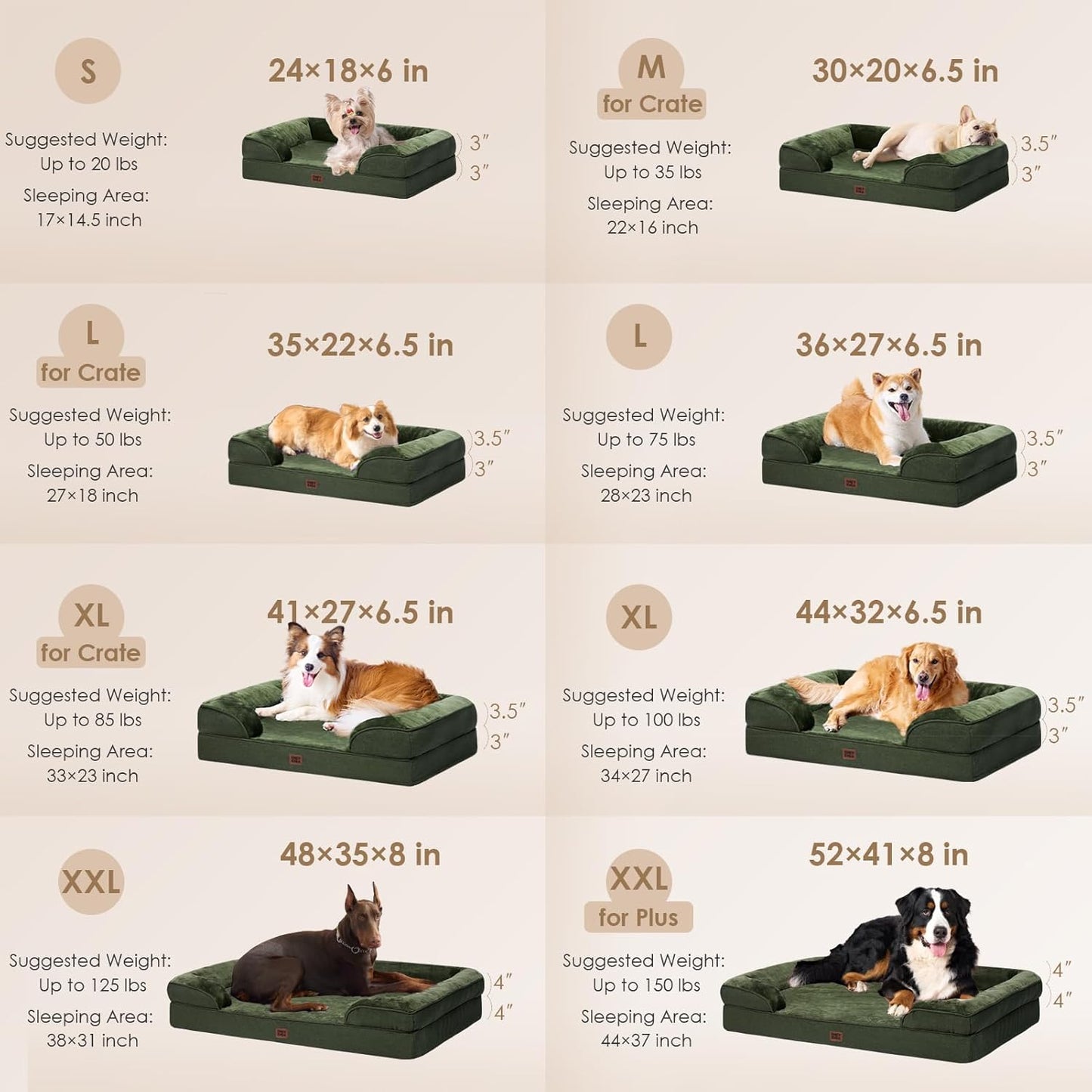 EHEYCIGA Orthopedic Dog Beds for Large Dogs, Waterproof Memory Foam Large Dog Bed with Sides, Non-Slip Bottom and Egg-Crate Foam Pet Couch Bed with Washable Removable Cover, Dark Green