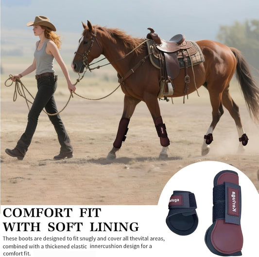 Horse Tendon Boots Set of 4 Open Front & Fetlock Boot for Horses Professional Sport Protection Impact-Absorbing Equine Leg Support for Jumping, Riding, Training (Wine Red, Full)