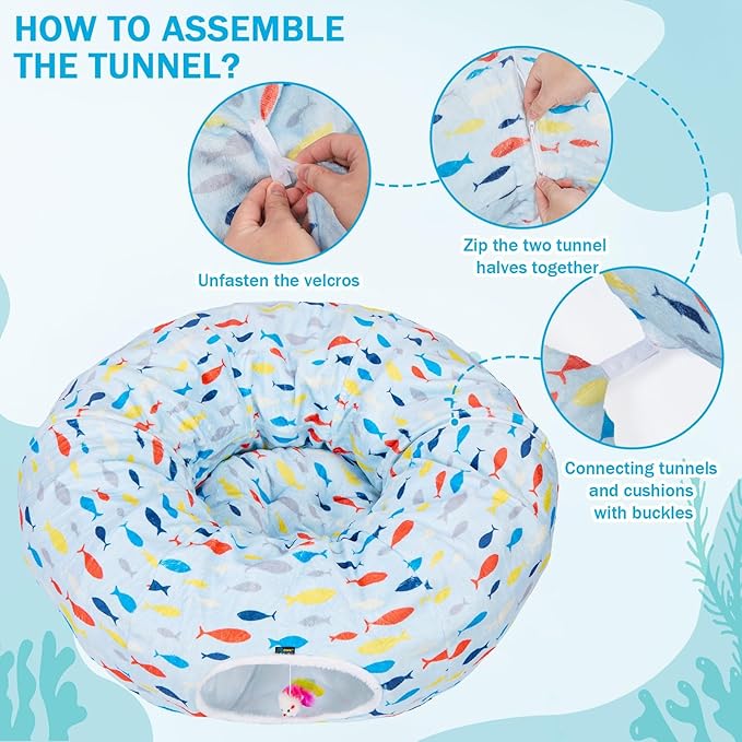 Ownpets Large Cat Tunnel Bed for for All Seasons, S-Shaped Soft Cat Donut Tunnel with Washable Cushion, Round Pet Pet Play Tunnel Toy for Kitten, Puppy, Rabbit, Blue