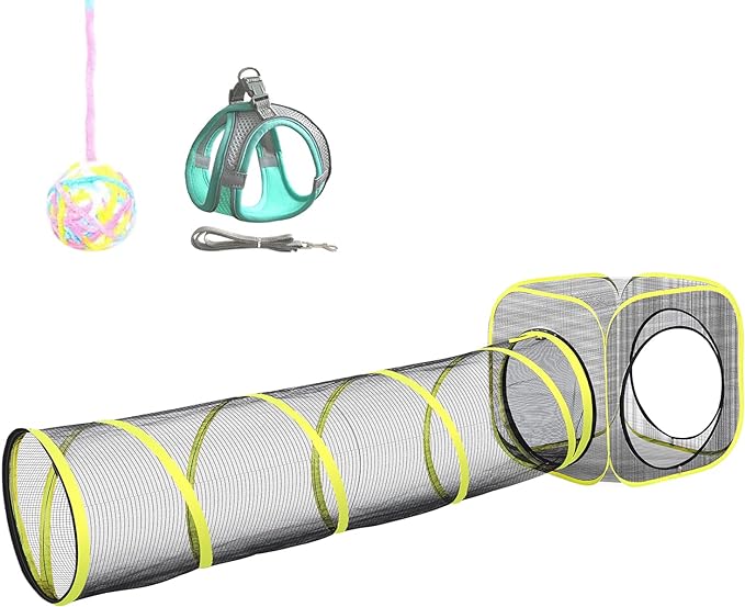 Outdoor Cat Enclosure & Tunnel - Portable Mesh Tent, Cat Playhouse with Adjustable Harness & Leash, Colorful Tease Ball