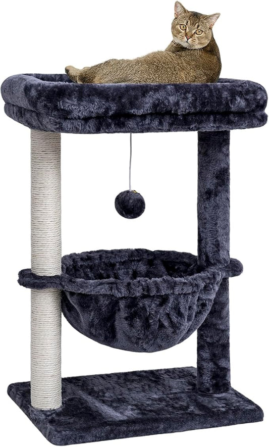 SYANDLVY Small Cat Tree for Indoor Cats, Activity Cat Tower with Scratching Post for Kittens, Cat Condo & Furniture with Basket & Hanging Ball for Play Rest