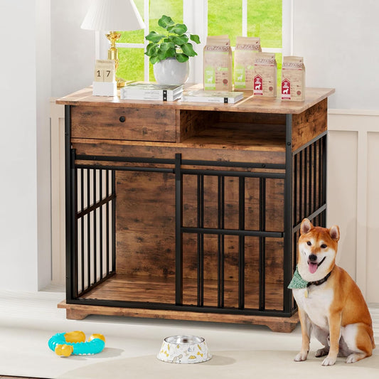 35.5" Dog Crate Furniture, Wooden Dog Crate Furniture for Medium Small Dogs, Wooden Dog Kennel End Table with Drawer and Open Shelves, Sliding Door Dog Kennel Furniture