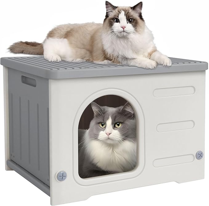 Hicaptain Cute Durable Cat Houses for Indoor Cats Plastic Feral Outdoor Cat House Puppy Shelter for Small Medium Pets-Grey