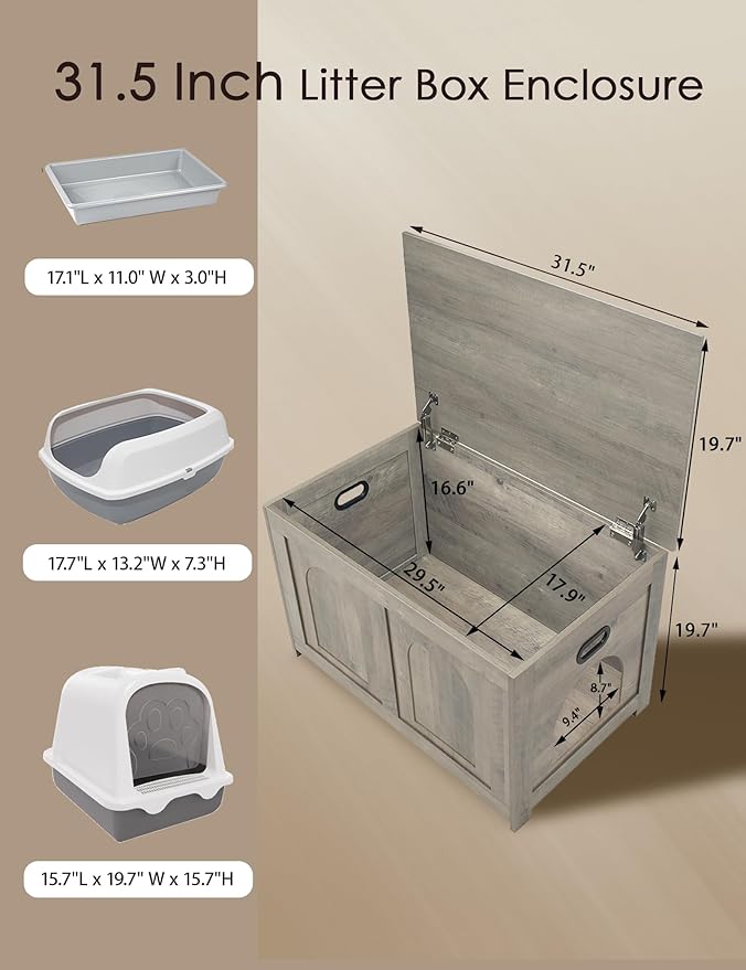 DINZI LVJ Cat Litter Box Enclosure, Flip Top Litter Box Furniture, Farmhouse Hidden Cat Washroom, Wooden Pet House, End Side Table, 31.5" L x 19.7" W x 19.7" H, Sturdy and Easy to Assemble, Gray Wash