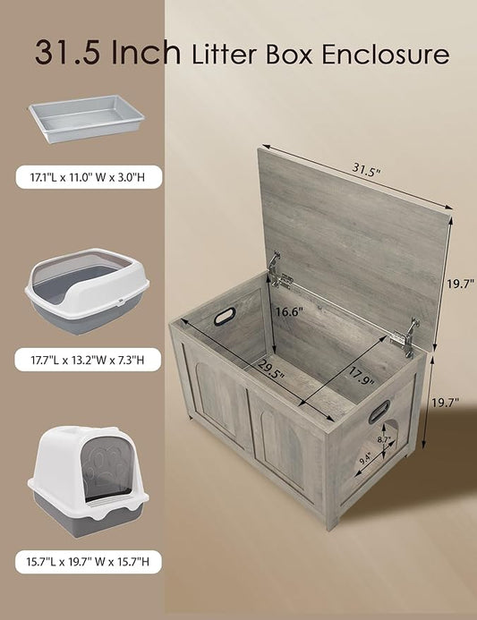 DINZI LVJ Cat Litter Box Enclosure, Flip Top Litter Box Furniture, Farmhouse Hidden Cat Washroom, Wooden Pet House, End Side Table, 31.5" L x 19.7" W x 19.7" H, Sturdy and Easy to Assemble, Gray Wash