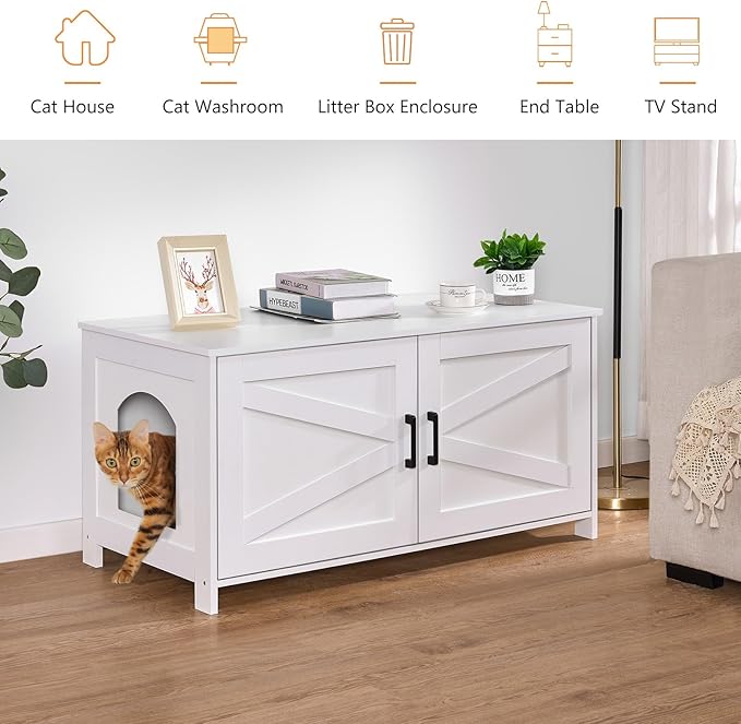 Homhedy 39.4" L Cat Litter Box Enclosure, Pet House with Barn Door, Wooden Cat Washroom Furniture, Fit Most of Litter Box, White