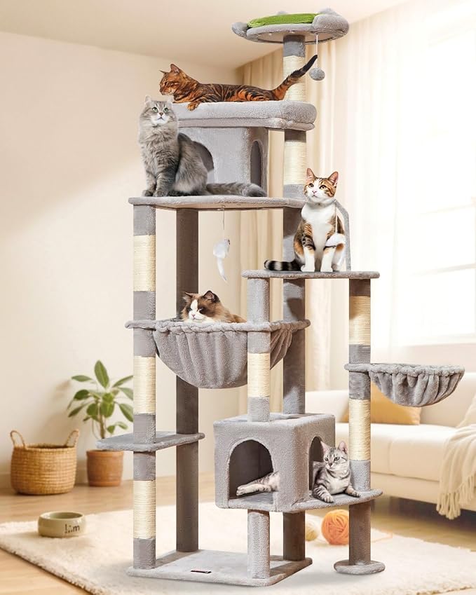 Taoqimiao MS032W 83In Cat Tree for Indoor Cats Large Adult, XXL-Cat Tower, Suitable 20lb+ Heavy Duty Large Cats, 2 Luxurious Cat Cando with 8 Scratching Posts,Oversized Metal Hammocks,Light Gray