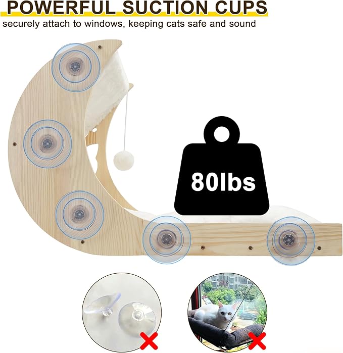 Cat Window Perch with Detachable Ladder-Wodden Cats Bed for Indoor with Double Side Velcro Cat-Mat, Moon CatWindow Seats Mounted with 7pcs Strong Suction Cups for Sleep and Rest