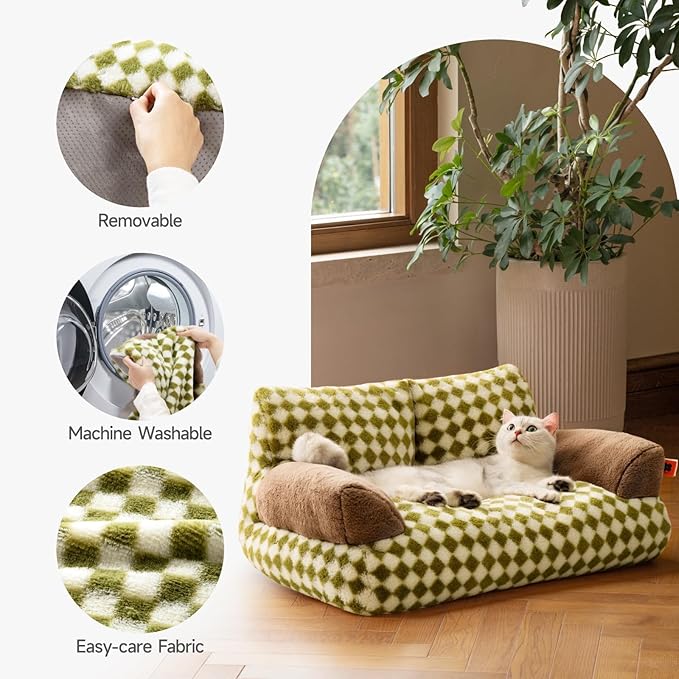 MEWOOFUN Cat Bed for Indoor Cats, Washable Dog Beds for Small Medium Dogs & Cats, Fluffy Cat Couch with Non-Slip Bottom (Green, 26.0" L X 19.0" W X 13.0" Th)