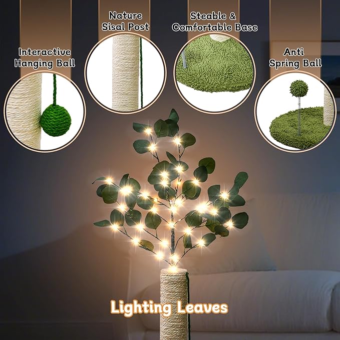 Cat Scratching Post with Lights & Hanging Ball Toys Tall Sisal Rope Scratcher Tree Climbing Scratch Tower for Indoor Cats Adult Kitten