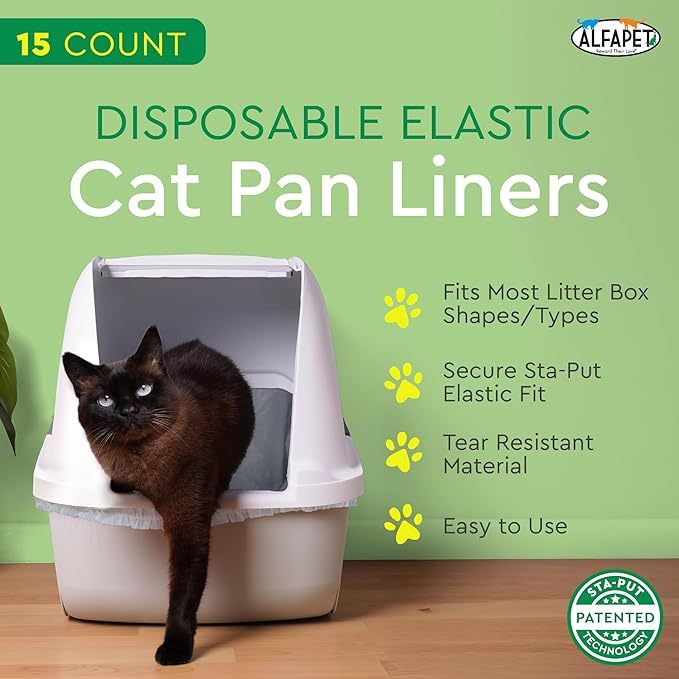 Alfapet Elastic Cat Litter Box Liners - Super Jumbo 15Count - Tear-Resistant Cat Litter Bags, Waterproof Kitty Litter Liners - Fits Litterbox Pan Sizes X-Giant, Jumbo, 42" x 20" x 2 MIL 30 lb Capacity