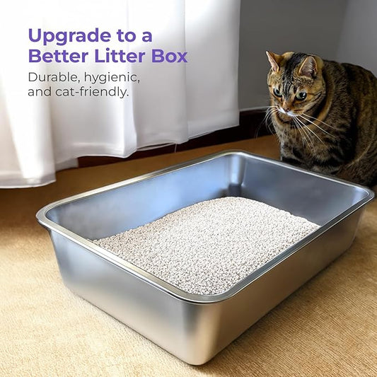 iPrimio Stainless Steel Litter Box - No Stick Litter Pan for Cats - XL Cat Box with Teflon Coating - Never Absorbs Odor or Rust - Ergonomic, Easy to Clean, Durable, Nonstick, Spacious Pans