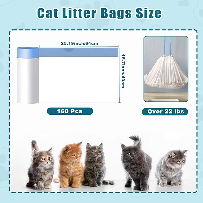 160 Pack Cat Litter Bags Compatible with Litter Robot 3 & 4 – Self Cleaning Automatic Litter Box, 25 x16 inch (10-12 Gallons)