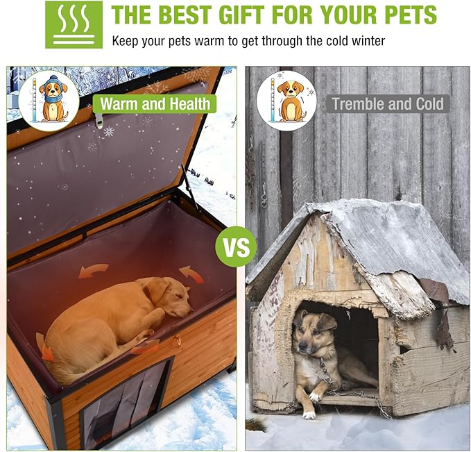 GUTINNEEN Large Insulated Dog House for Winter Outdoor Dog Kennel with Anti-Chewing Metal Frame for Small to Medium Dogs,Brown