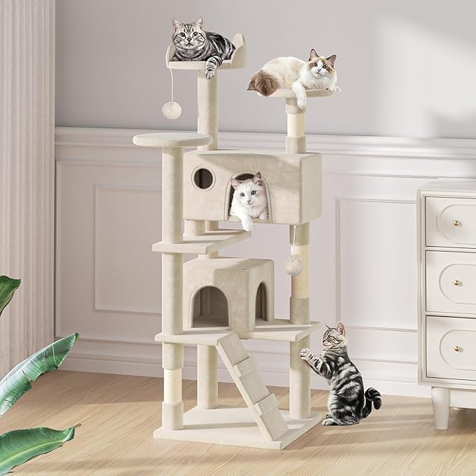 MoNiBloom 60 Inch Cat Tree Tower for Indoor Cats Large Adults, Cat Tower with Scratching Post, Multi-Level Furniture Activity Center with Cat Condo Pet Play House, Beige