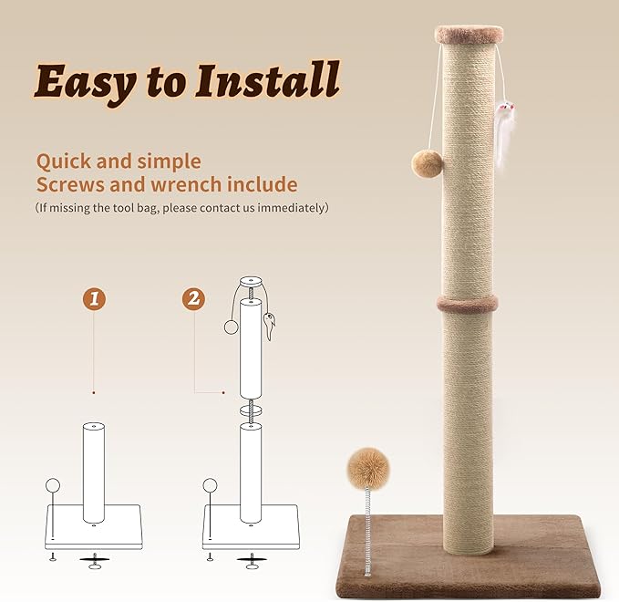 36'' Tall Cat Scratching Post, Large Sisal Scratch Post for Indoor Cats, Sturdy Cat Scratcher Tower, Vertical Cat Scratch Pole, Modern Cat Furniture for Kittens & Adult Cats (Brown)