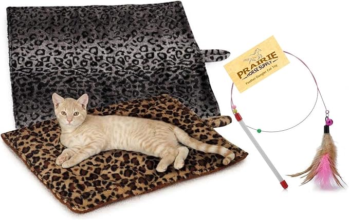 Prairie Horse Supply Quality Thermal Cat Mat and Free Cat Toy (Grey Leopard) (3 Mats) Cozy Self Heating Warming Kitty Kitten Puppy Small Dog Bed, Reversible Washable Pad, No Electricity