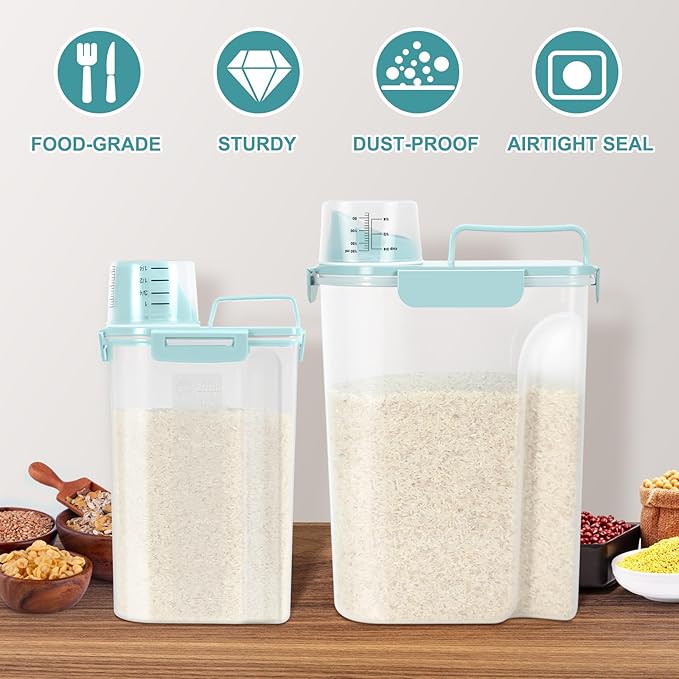 TBMax Rice Container 2 Pack, Airtight Cereal Container Oatmeal Storage with Easy-pouring Spout & Handy Cup for Flour Grain Beans, Pet Dog Cat Bird Food Storage Dispenser-Sky Blue
