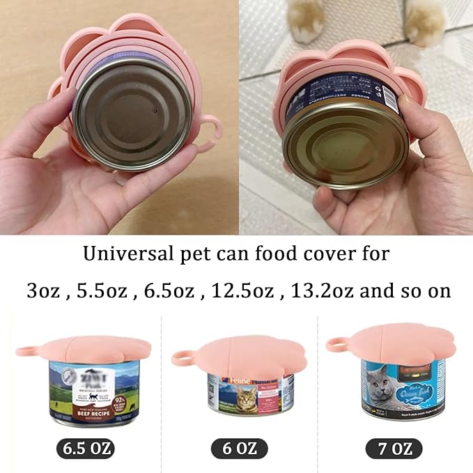 3 Pcs Cat Food Can Lids & One Can Opener | Cute Paw Shape Can Covers and Opener Spatula Cat Spoons for Wet Food | Universal BPA Free Silicone Can Food Spoon & Covers for Dog Cat Cans(Pink)
