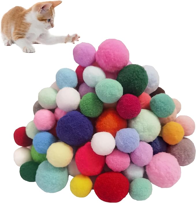 Soft Pom Pom Cat Toys - Plush Interactive Balls for Kittens & Indoor Cats, DIY Craft Decorations - Multi-Purpose Play, Training & Sensory Enrichment (1.2" 50pcs + 1.6" 30pcs)
