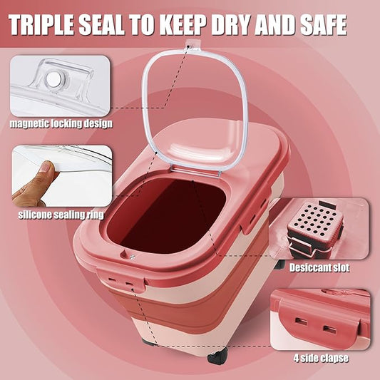 Collapsible Dog Food Storage Container with Lids, Airtight Rice Flour Cereal Sugar Cat Pet Bird Seed Containers Bin Bucket with Rolling Wheel, 20 25 30 Lbs Pound Plastic Sealable Kitchen Pantry Holder