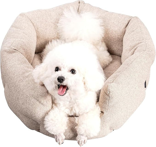 Washable Round Cat Beds for Indoor Cats,Dog Bed for Extra Small Dogs,Pet Sofa for Puppy and Kitty,Soft but Firm Year-Round Comfortable Pet Sofa with Non-Slip Bottom Beige 24 inches