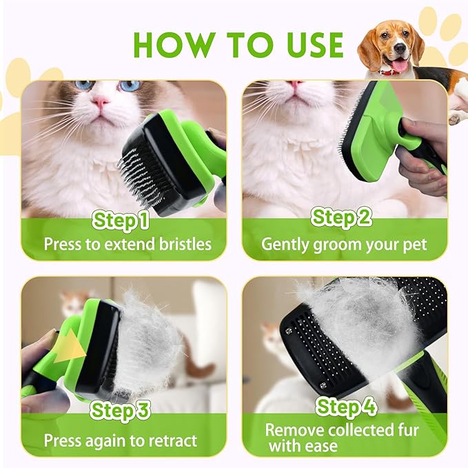 Large Self Cleaning Deshedding Brush for Dogs & Cats - One Button Hair Release Grooming Tool, Gentle Massage Brush for Long and Short Hair (Green)