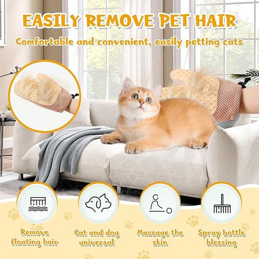 Pet Hair Removal Glove,2025 New All-in-One Grooming Mist Pet Hair Remover Gloves, Pet Hair Remover Glove for Cats & Dogs,Double-Sided Reusable Gloves for Couch, Clothing,Carpet (Pink)