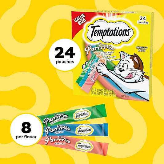 Temptations Creamy Puree Mix-Ups Squeezable Lickable Wet Cat Treats, Tuna Flavor, Salmon Flavor, and Seafood Medley Flavor, 0.42 oz. Tubes, 24 Count