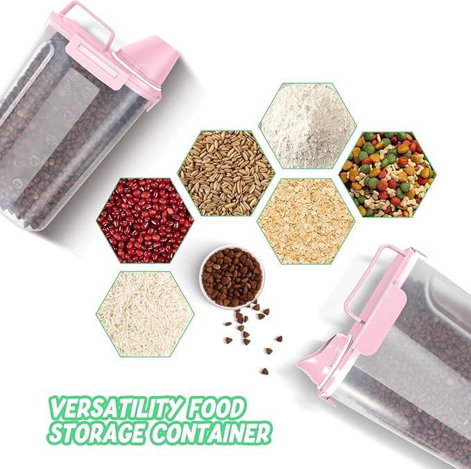 Dog Food Storage Container, Upgraded Large Nozzle BPA-free, 8-12 LBS Plastic Pet Food Storage Containers, With 4 Sealed Clasps, 1 Measuring Cup and Handle (2, Light Pink (3L+5L), (3L+5L))
