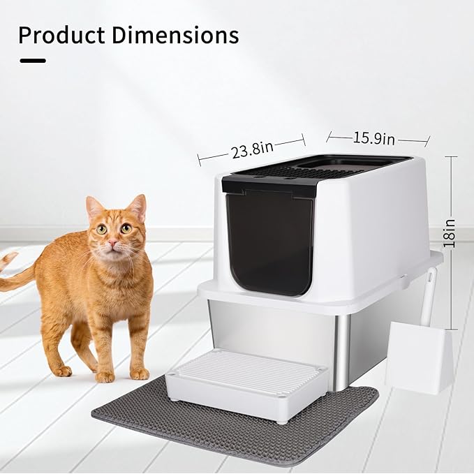 RIZZARI Stainless Steel Cat Litter Box, Odorless Enclosed Litter Box with Top Holes, Large Litter Pan for Small to Large Sized Cats (Black, 24" L*16" W*18" H)