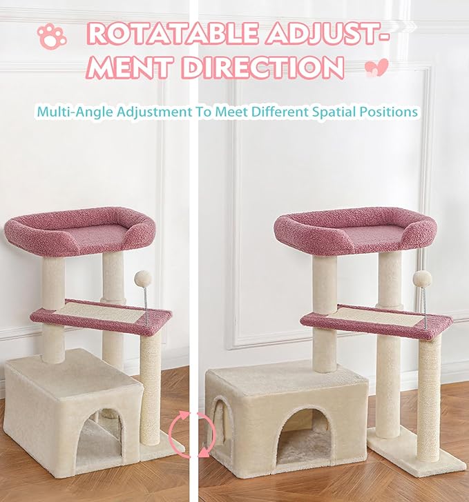 Made4Pets Pink Cat Tree, Carpet Cat Tower Grey for Indoors Cats, Cute Wood Kitty Condo with Scratching Post and Pad, 29" Multi-Level Modern Activity Climbing Furniture for Small and Medium Cats