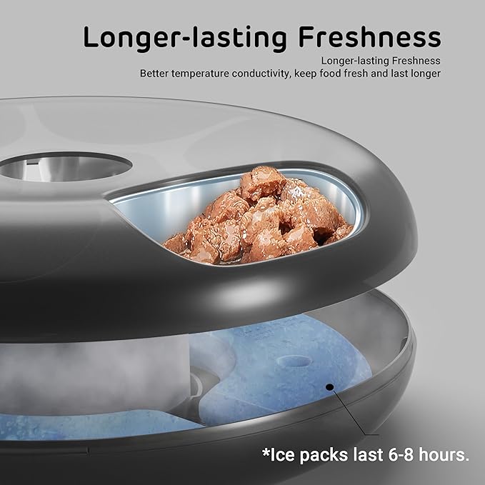 [Stainless Steel Tray Version] iPettie Donut Frost WiFi 6 Meal Automatic Wet Food Feeder with Ice Packs for Senior and Weak Pets, App Control Programmable Timer, Holds 6 x ½ lb. of Food, Black