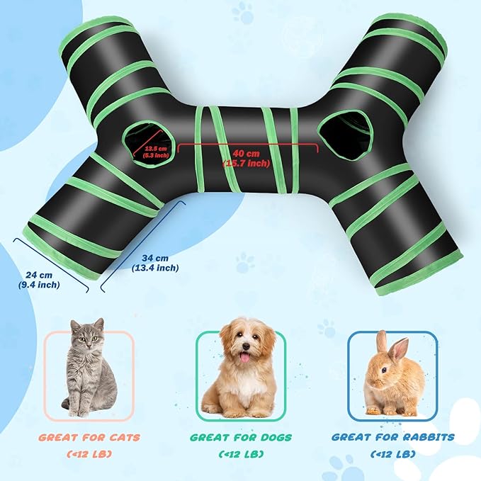 Upgraded Cat Tunnel Bone-Type, 4 Way Collapsible Cat Playhouse Pet Play Tunnel Tube with Storage Bag for Cats, Puppy, Rabbits, Ferret, Guinea Pig, Indoor and Outdoor Use
