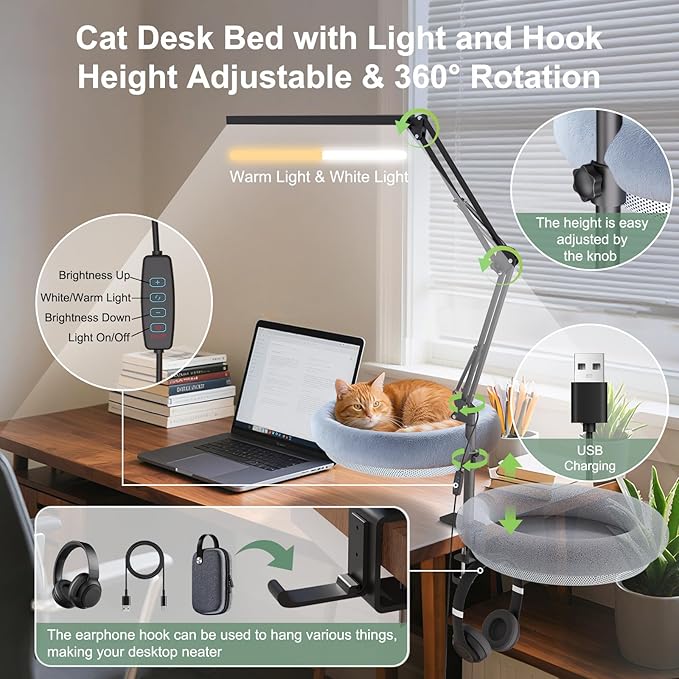 Cat Desk Bed with Desk Lamp - Cat Bed with 360 Rotation & Adjustable Height - Soft & Comfortable Hammock