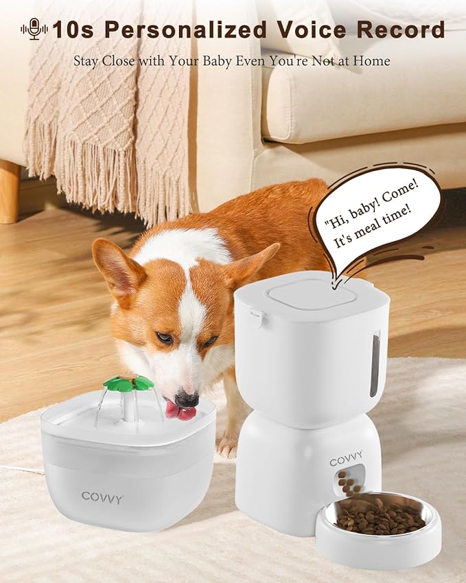 Automatic Pet Feeder and Water Dispenser, LCD Screen Timer for Cats & Dogs, Locking Lid, 1-4 Meal Portions, Dual Power, Voice Recorder