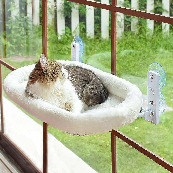 AMOSIJOY Cordless Cat Window Perch, Window Hammock for Cats with 4 Strong Suction Cups, Solid Metal Frame and Soft Cover, Indoor Cat Bed