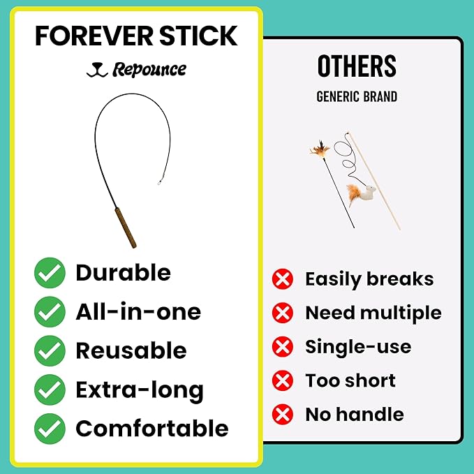 Forever Stick 3 Pack - The Unbreakable Cat Toy Wand, Extra Long Durable Interactive Cat Toy for Indoor Cats, Feather Kitten Toys for Bored Indoor Adult Cats, Bird Teaser Cat Accessories