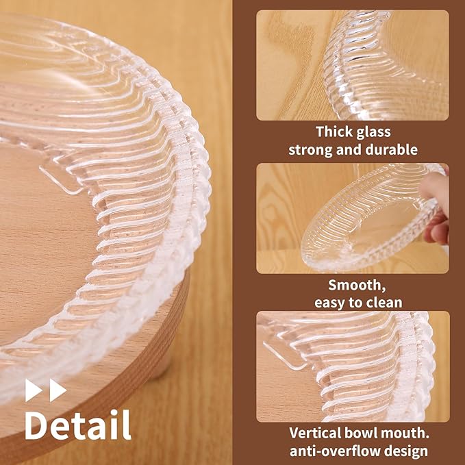 Raised Whisker Fatigue Cat Bowl. Glass Cat Bowls Elevated with Wooden Legs in 2 Heights. Protect The Spine and Prevent Vomiting. 2PCS. KGCCIZI