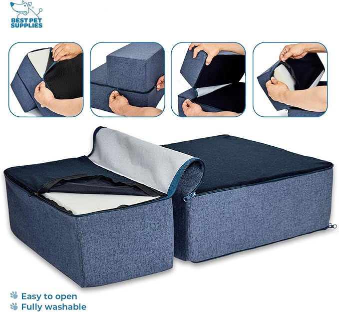 Best Pet Supplies Dog Stairs & Steps - Foam Steps for Small Dogs & Cats, Non-Slip Indoor Balanced Pet Step Support, Dog Ramp, No Assembly, Navy Blue, Foldable 2-Step (12-inch Height)