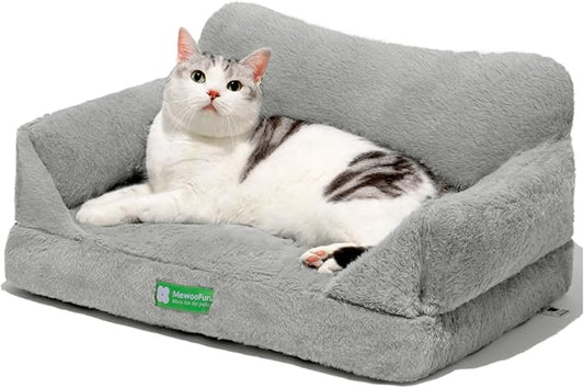 MEWOOFUN Cat Bed for Indoor Cats, Fluffy Cat Sofa for Small Pets with Removable Washable Cover, Cute Cat Couch with Non-Slip Bottom (Grey, 22x15x10)