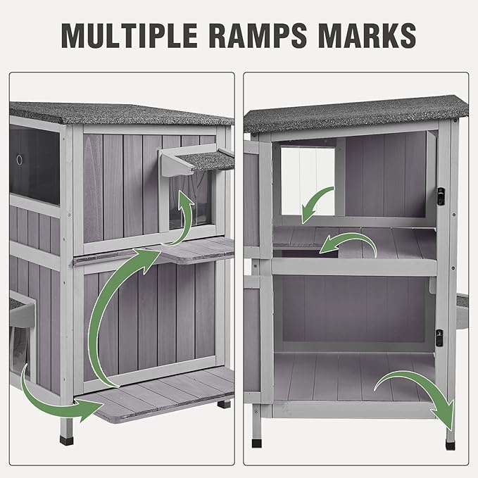 Outdoor Cat House Weatherproof, 2-Storys Feral Cat House with 2 Escape Doors and Window, Stray Cat Shelter with 2 Large Side Doors and Removable Floor