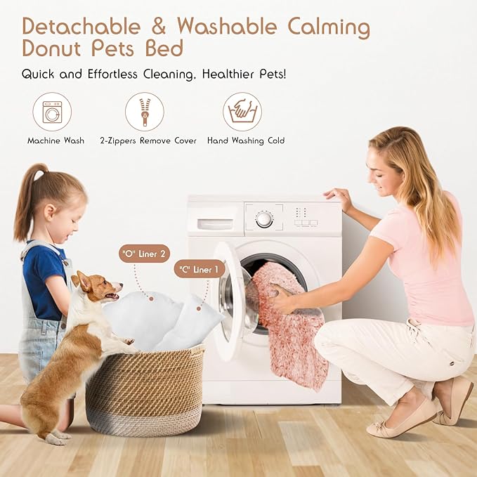 Calming Donut Dog Bed Medium Size Removable Cover + 2 PCS Cooling Rattan Pet Mat, Fluffy Comfort Anti-Anxiety Washable Round Pets Bed with Double-Sided Cool Pad for Medium Dogs/Cat, 31" Pink