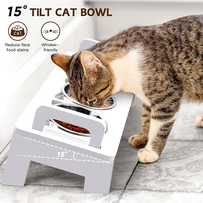 Elevated Cat Food Bowl, 3 Stainless Steel Raised Cat Bowls with Stand, 15°Tilted Cats Bowl for Indoor Cats, Pet Food and Water Bowl Set, Anti Vomitting, Whisker Fatigue and Dishwasher Safe - White