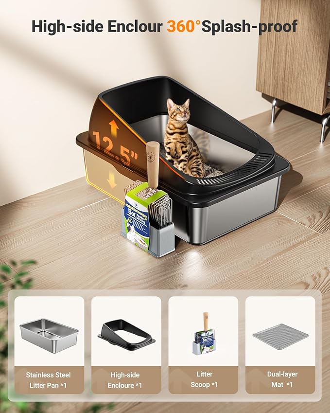 Stainless Steel Cat Litter Box with Scoop, Metal Litter Box High Sided, Cat Litter Box Enclosure, XL Extra Large High-Sided Litter Boxs (Anti-Urine Leakage, Include Scoop) (Black)