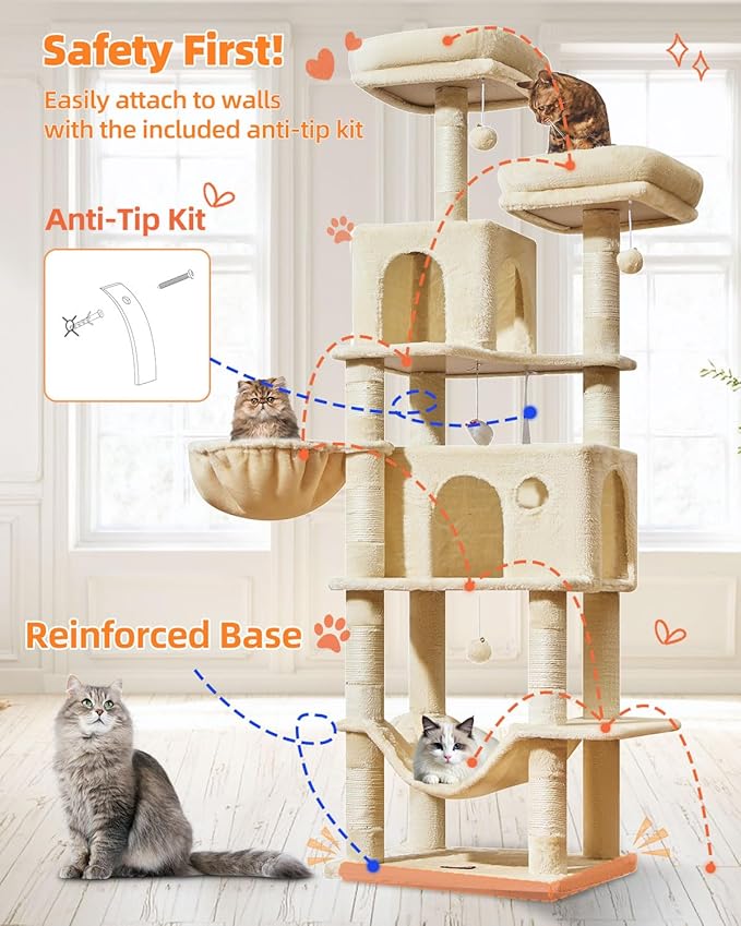 Taoqimiao Large Cat Tree，73-Inch Cat Tree Tower with 9 Scratching Posts for Indoor Cats, 2 Large Cat Condo with Hammock, Hanging Basket, 2 Extended Platform, Beige MS013XLM
